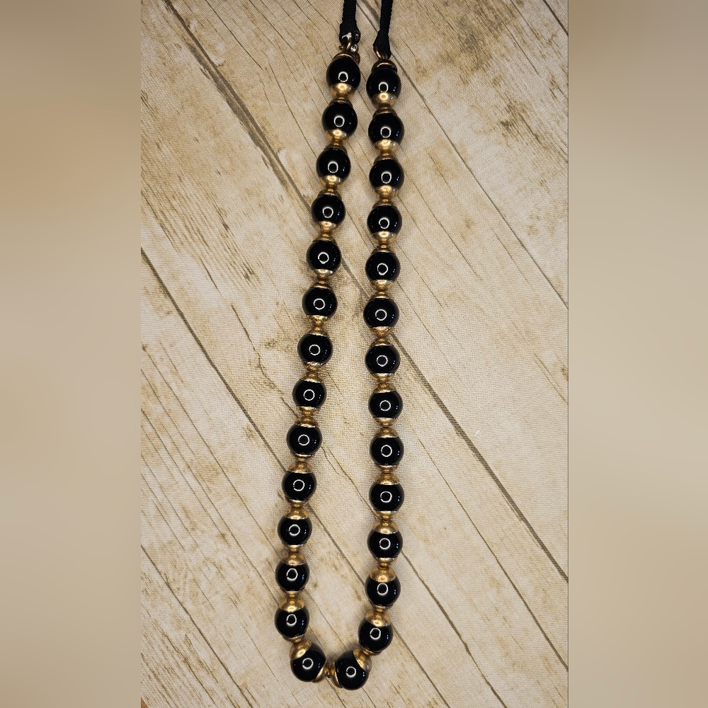 [J. CREW] Black & Gold ○● Beaded Statement Necklace with Cloth Tie - Picture 9 of 15